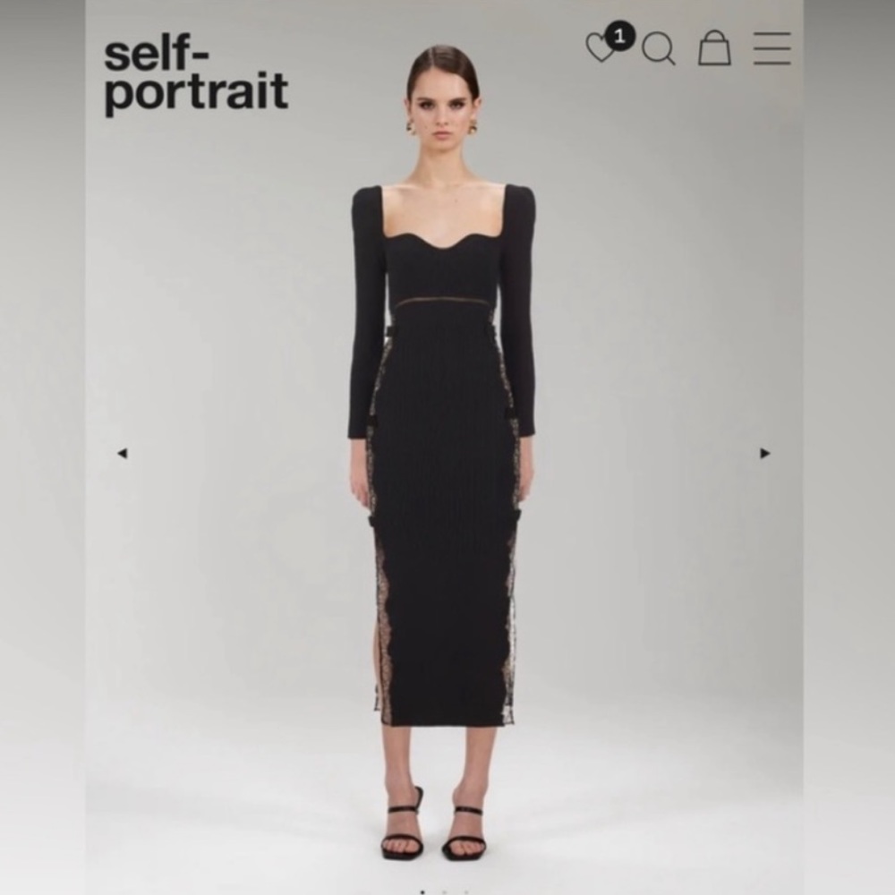 Self Portrait Ribbed Lace Side Bow Cutout Bodycon Midi Dress